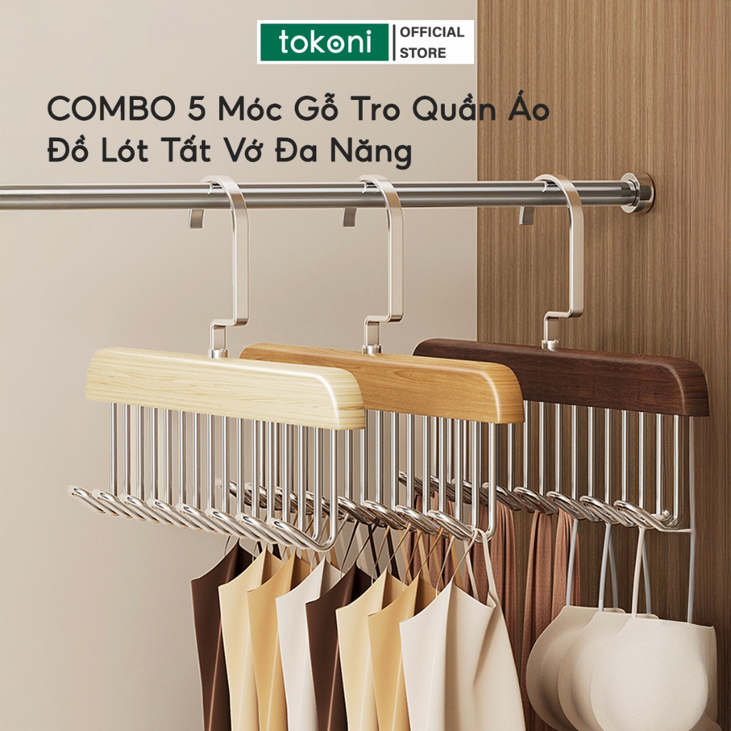 COMBO 5 Móc Gỗ Treo Quần Áo Đồ Lót Áo Ngực JYoohome Móc Treo Đồ Tất Vỡ Mũ Nón Đa Năng Sang Trọng
