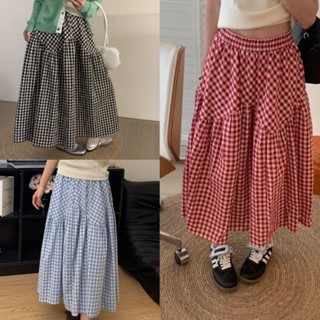 chân váy midi kẻ caro dáng dài hàn quốc