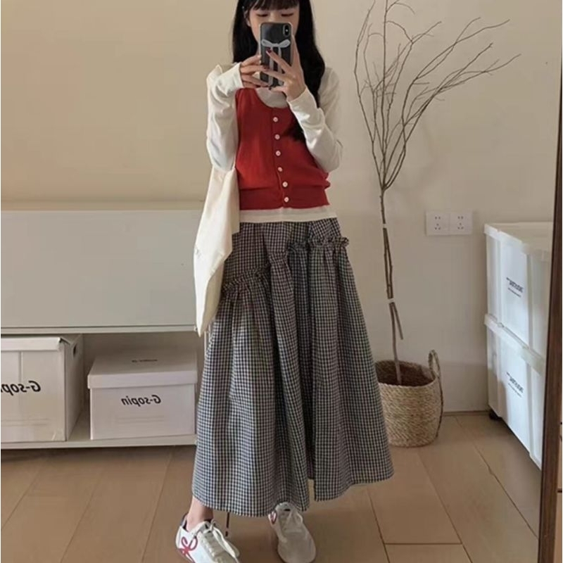 chân váy midi bèo nhún kẻ caro dáng dài ulzzang | BigBuy360 - bigbuy360.vn