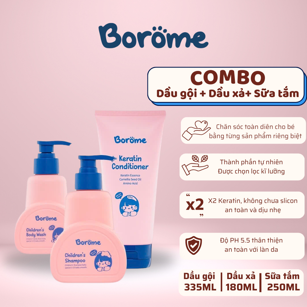 Dầu gội, dầu xả, sữa tắm trẻ em Borome thành phần lành tính, chăm sóc tóc và da của bé luôn khỏe mạnh