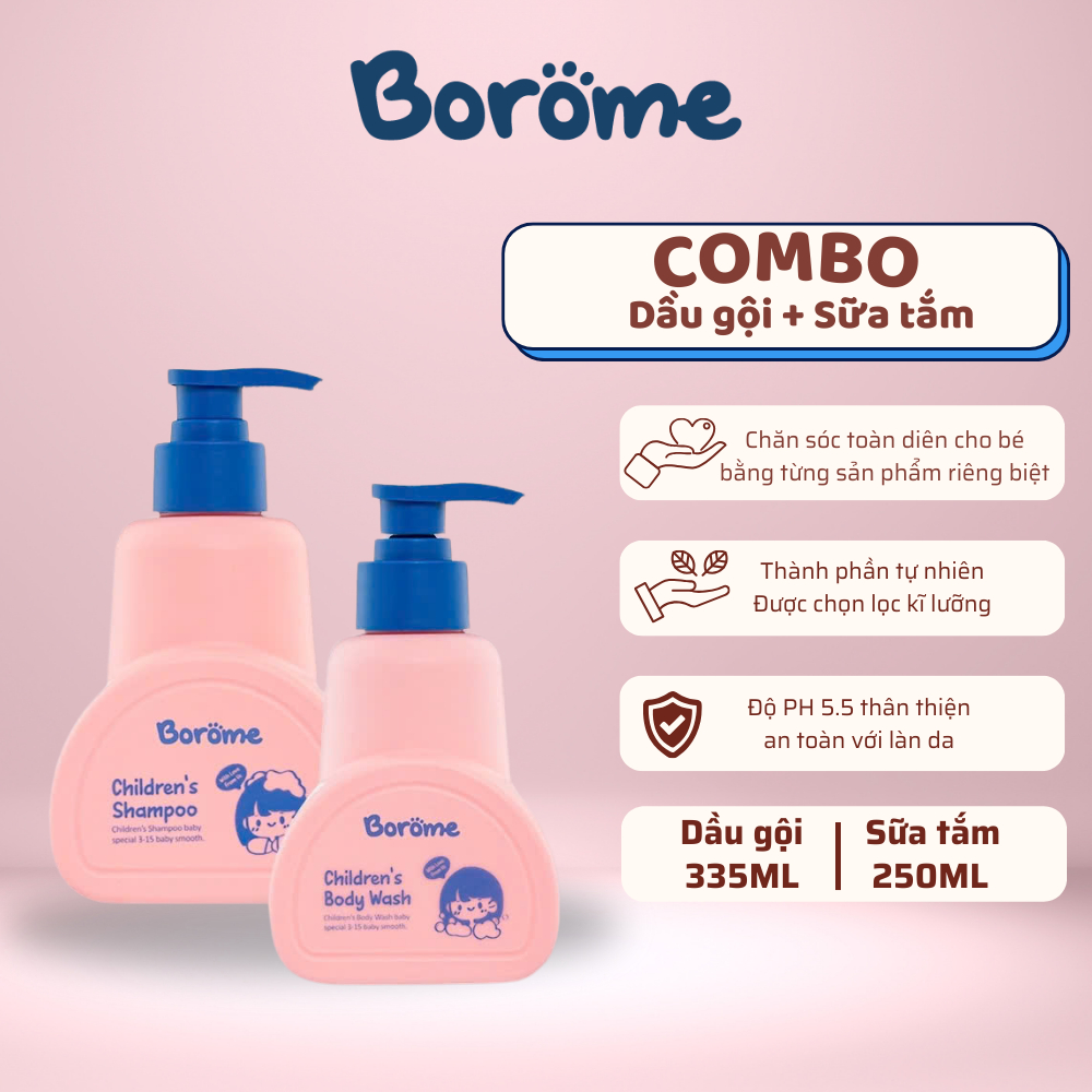 Combo dầu gội sữa tắm trẻ em Borome thành phần lành tính, an toàn khi sử dụng, dung tích 335ml