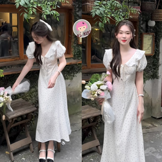 Váy cổ v dáng dài họa tiết chấm bi phong cách tiểu thư hàn quốc  xixeoshop- v155
