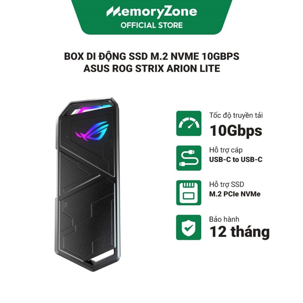 Box di động SSD M.2 NVMe Asus ROG Strix Arion Lite to USB 3.2 Gen 2 Type C ESD-S1CL/BLK/G/AS//