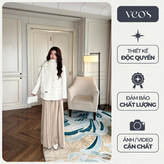 Áo Khoác Dạ Ép Thiết Kế Nữ Cổ V Dài Tay Form Suông Mùa Đông Màu Kem & Caro Trắng Đen, TẶNG 01 KHĂN QUÀNG CỔ - Rory Coat