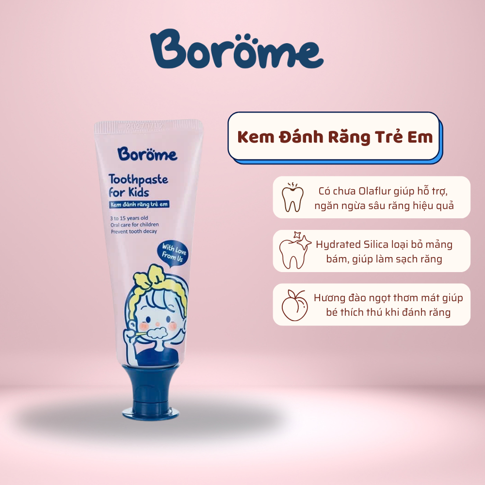 Kem Đánh Răng Dành Cho Trẻ Em Borome Thành Phần Tự Nhiên Hương Đào Dung Tích 50g, Thành Phần Tự Nhiên, An Toàn Cho Trẻ
