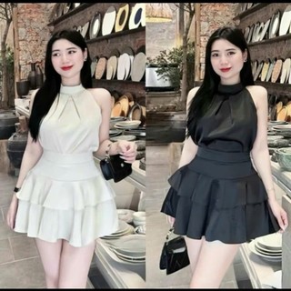  Set Áo Cổ Yếm Phối Chân Váy Lụa Bèo Tầng Dáng Xòe 2 Tone Màu Nhẹ Nhàng Basic Tiểu Thư Sang Xịn 