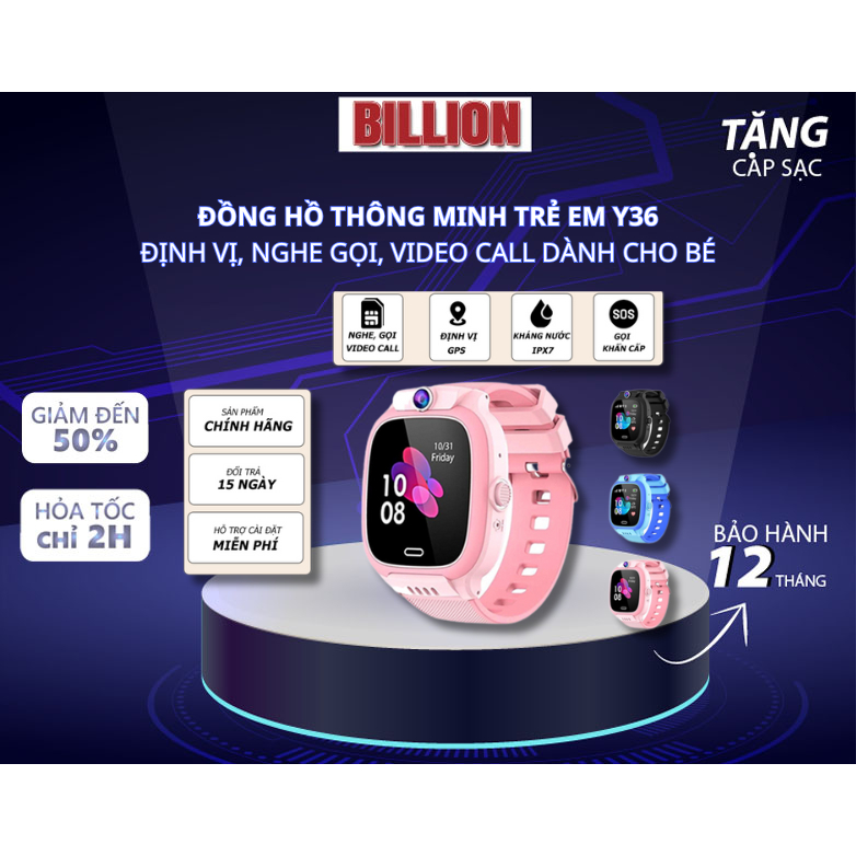 Đồng Hồ Thông Minh Trẻ Em Y36 Chống Nước Có Tiếng Việt, Wifi, Lắp Sim, Bảo Hành 12 Tháng BILLION