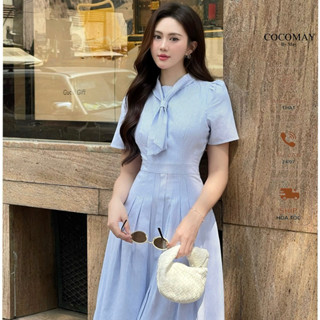 COCOMAY Đầm phối cổ kiểu dáng thanh lịch <Kẻ sọc xanh / xám > Nữ Women Dress