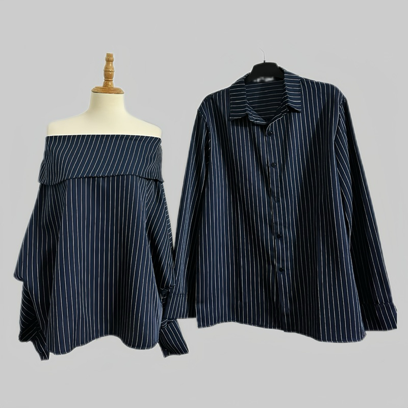 (S - 42)[ GIÁ CẶP ] Set đồ đôi nam nữ couple áo trễ vai kẻ xanh tay bồng dáng dấu quần siêu xinh và áo sơmi nam dài tay