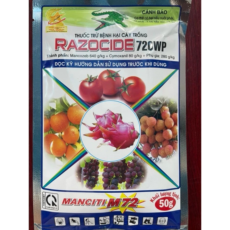 Thuốc Trừ Bệnh Razocide 720WP 50g – Trừ Bệnh Sương Mai, Thán Thư, Xì Mủ, Vàng Lá, Thối Trái