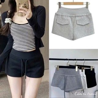 Quần Short nữ cạp lưng cao co giãn mặc thể thao dáng ôm vải nỉ ép 2 da dây rút Quần short nữ lưng cao sooc tập gym