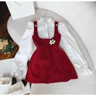  sét quần yếm nhung kim tuyến và áo lụa sơ mi tay dài kèm phụ kiện phối màu đỏ trắng PK110D 