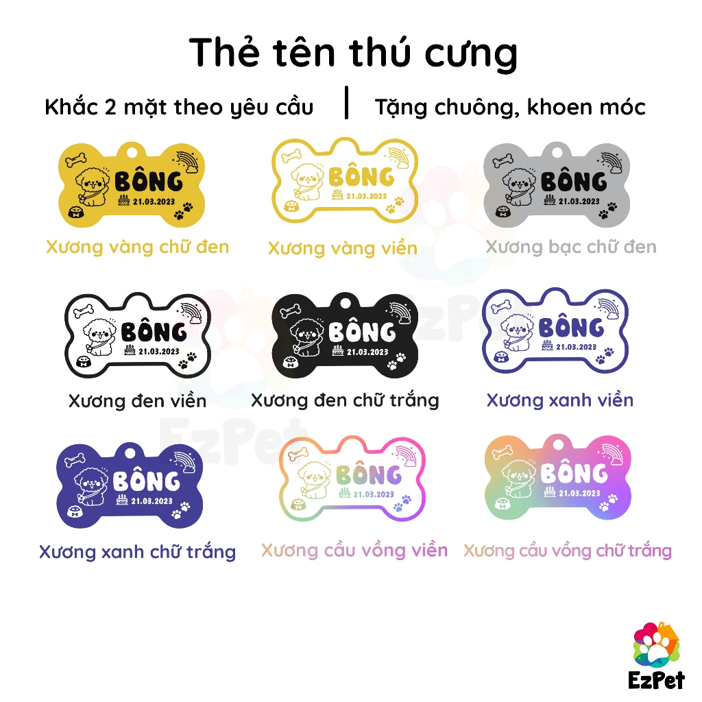Thẻ tên thú cưng, Bảng tên chó mèo (khắc theo yêu cầu) EzPet