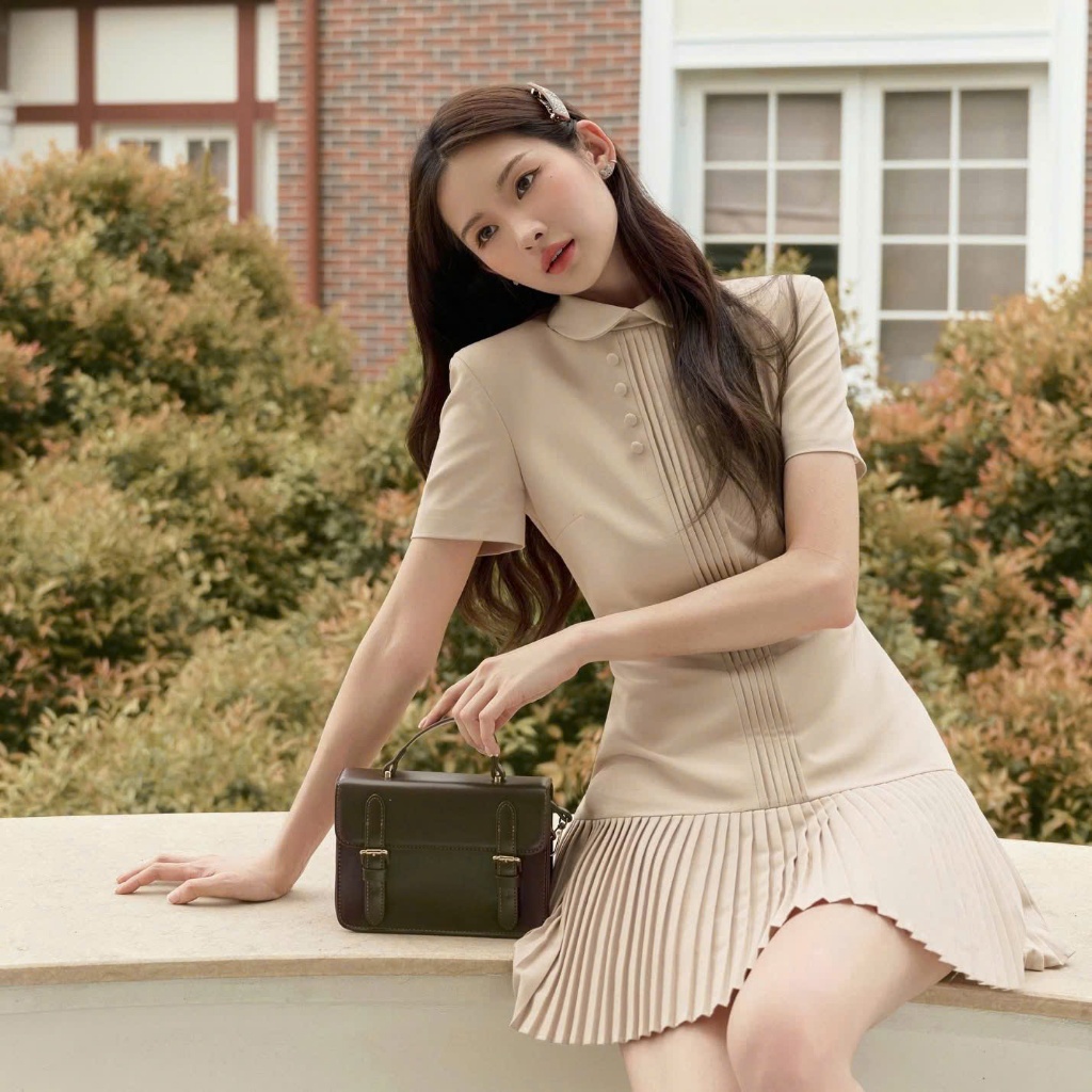 [2 Màu]: Váy Cổ Sen Bẻ Tone Nude Thêu Nơ Dập Ly Ngực Đơm Cúc Bọc Tỉ Mỉ Phối Chân Xòe Xếp Ly Đều Thanh Lịch | BigBuy360 - bigbuy360.vn