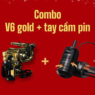 Combo Máy xăm V6-bản mạ vàng 18K + tay cầm pin ambition