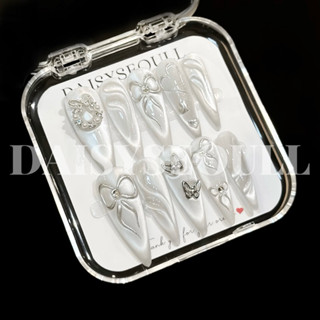 Nail box mắt mèo ánh trăng bạc vẽ nơ tráng gương - móng tay giả mắt mèo ánh trăng vẽ nơ xinh [KHÔNG KÈM HỘP]