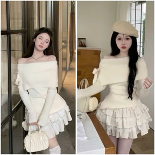  Set váy nữ Áo trễ vai mix với chân váy tầng thắt nơ ngang vai bánh bèo dễ thương LOSY.STORE 