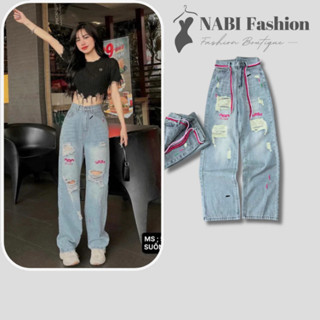 Quần Jean Ống Suông Rách Te Tua Phối Hoạ Tiết Thêu Kèm Dây -Quần Bò Ống Rộng NABi Fashion Lên From Chuẩn Đẹp Lưng Cao