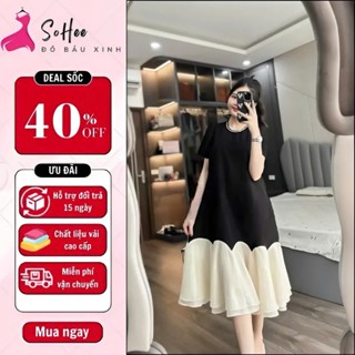 Đầm bầu đi tiệc, váy bầu thiết kế cổ thêu đính đá sang chảnh, dáng dài babydoll siêu xinh, hàng nhập Quảng Châu cao cấp