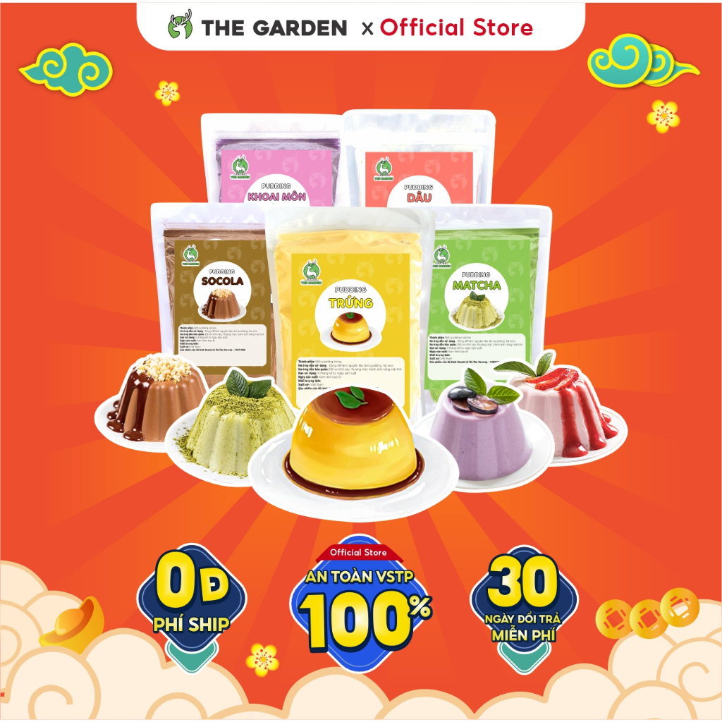 Bột pudding gói 100g siêu ngon hấp dẫn 9 vị - Pudding trứng socola khoai môn dưa lưới sữa đào dâu THE GARDEN