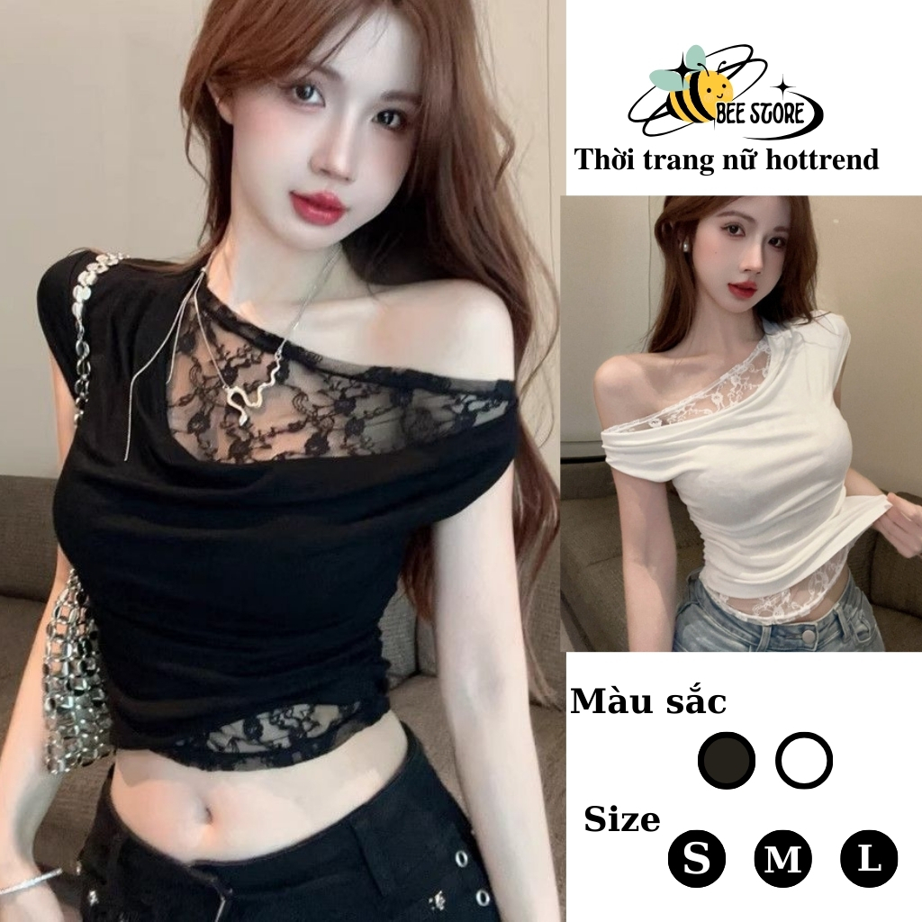 Áo kiểu ngắn tay lệch vai phối ren cổ đổ siêu sang trọng Bee Store, Áo thun nữ hở vai dáng ôm body phong cách sexy