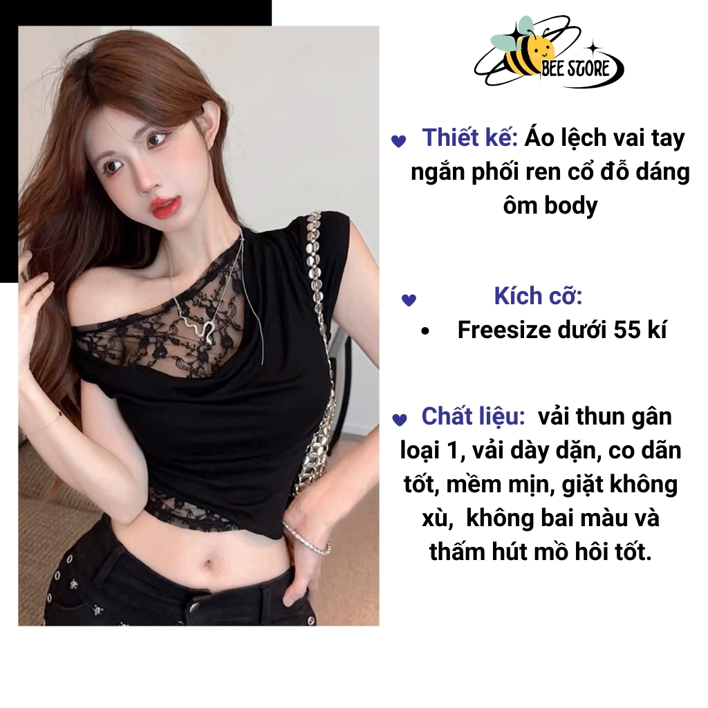 Áo kiểu ngắn tay lệch vai phối ren cổ đổ siêu sang trọng Bee Store, Áo thun nữ hở vai dáng ôm body phong cách sexy | BigBuy360 - bigbuy360.vn