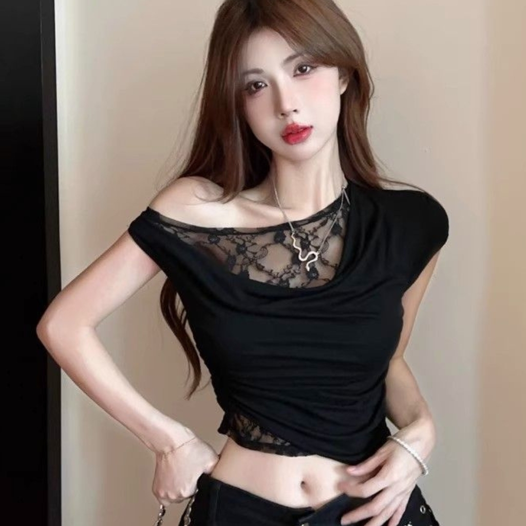 Áo kiểu ngắn tay lệch vai phối ren cổ đổ siêu sang trọng Bee Store, Áo thun nữ hở vai dáng ôm body phong cách sexy | BigBuy360 - bigbuy360.vn