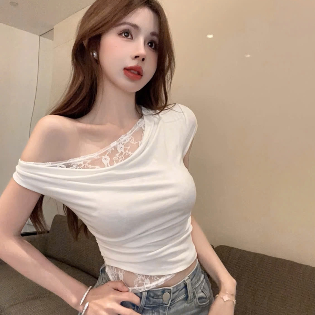 Áo kiểu ngắn tay lệch vai phối ren cổ đổ siêu sang trọng Bee Store, Áo thun nữ hở vai dáng ôm body phong cách sexy | BigBuy360 - bigbuy360.vn