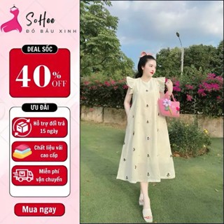 Váy bầu xinh, đầm bầu dự tiệc SOHEE dáng xuông babydoll thiết kế tay cánh tiên, họa tiết hoa nhí xinh xắn, trẻ trung