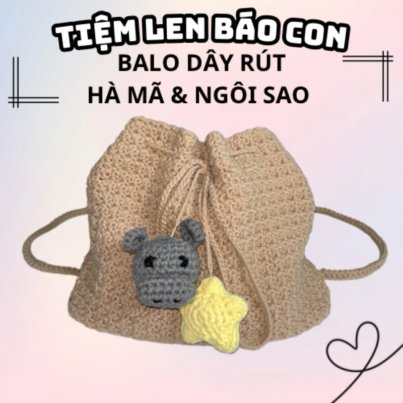 Balo len dây rút Hà Mã & Ngôi Sao, túi rút len handmade