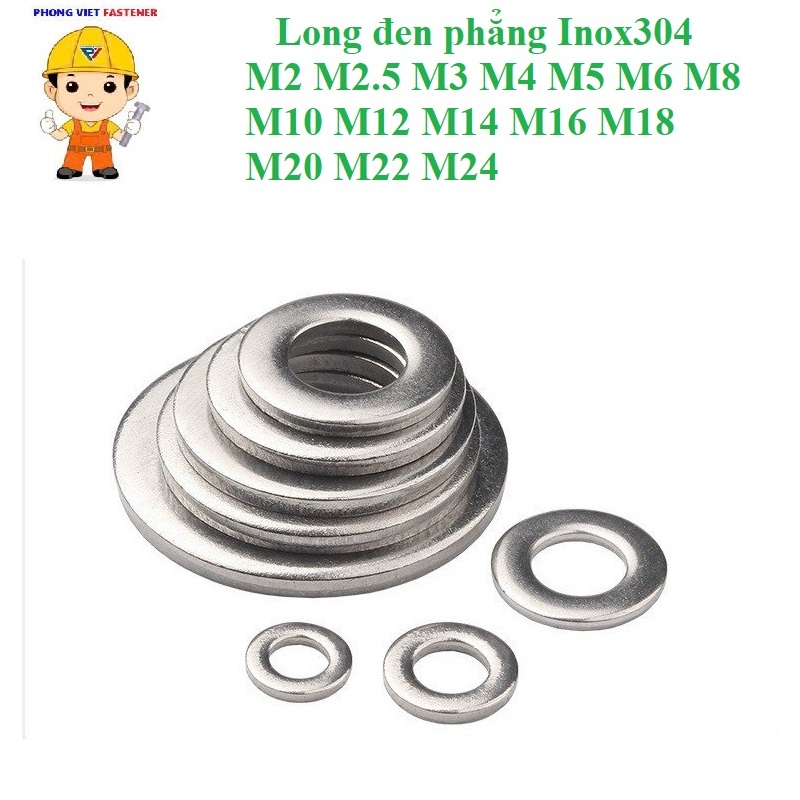 [INOX304]50 cái M2-M24 long đen phẳng,vòng đệm phẳng inox304 M2-M24