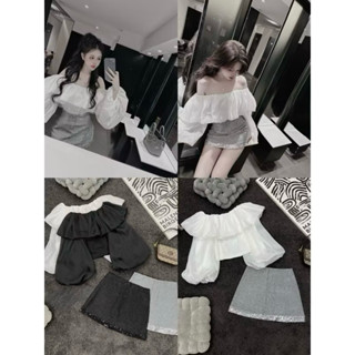  Áo Trễ Vai Tay Bồng Phối Bèo Ôm Body 2Màu Trắng,Đen Xinh Cực 