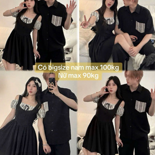 Áo váy cặp đôi - đồ đôi sơ mi nam nữ bẹt vai siêu sang