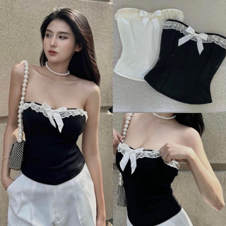 Áo ống croptop kiểu cúp ngực phối ren nữ đen trắng trơn bozip ôm body gân VANISA CT012