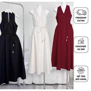 Kim Clothing - Đầm linen cổ V sát nách dáng dài xoè + dây cột eo nữ tính, dịu dàng dành cho nữ