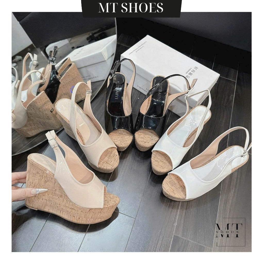 Giày Sandal nữ đế xuồng hở mũi cao 12 phân đế vân gỗ mềm nhẹ kiểu dáng Basic MT Shoes SD036