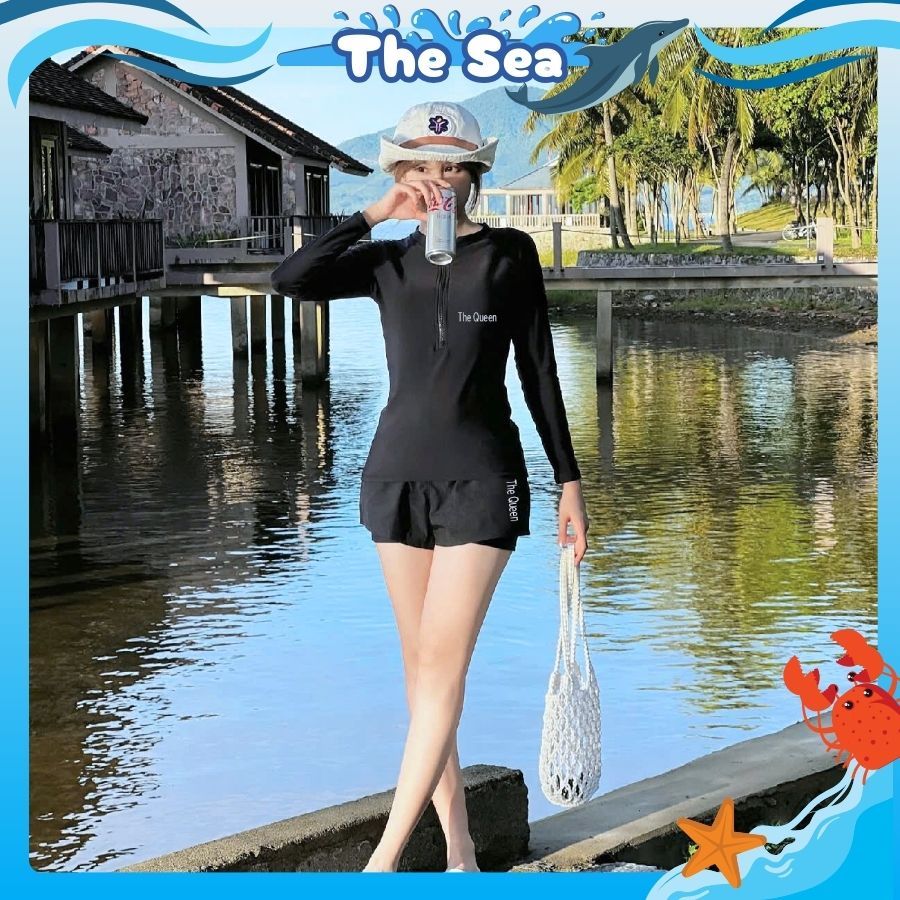 Đồ bơi nữ bikini kín đáo màu đen áo tay dài có khóa kéo quần đùi ngắn 2 lớp phong cách thể thao The Sea 013 | BigBuy360 - bigbuy360.vn