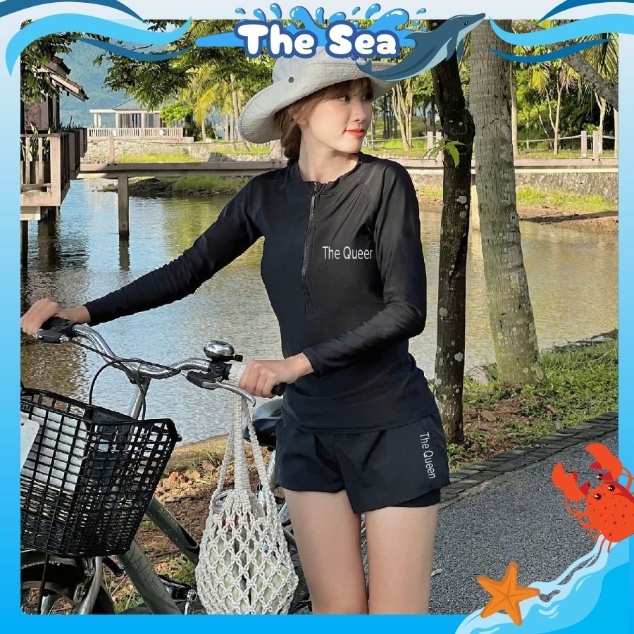 Đồ bơi nữ bikini kín đáo màu đen áo tay dài có khóa kéo quần đùi ngắn 2 lớp phong cách thể thao The Sea 013 | BigBuy360 - bigbuy360.vn