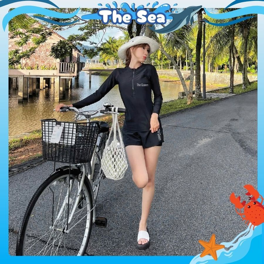 Đồ bơi nữ bikini kín đáo màu đen áo tay dài có khóa kéo quần đùi ngắn 2 lớp phong cách thể thao The Sea 013 | BigBuy360 - bigbuy360.vn