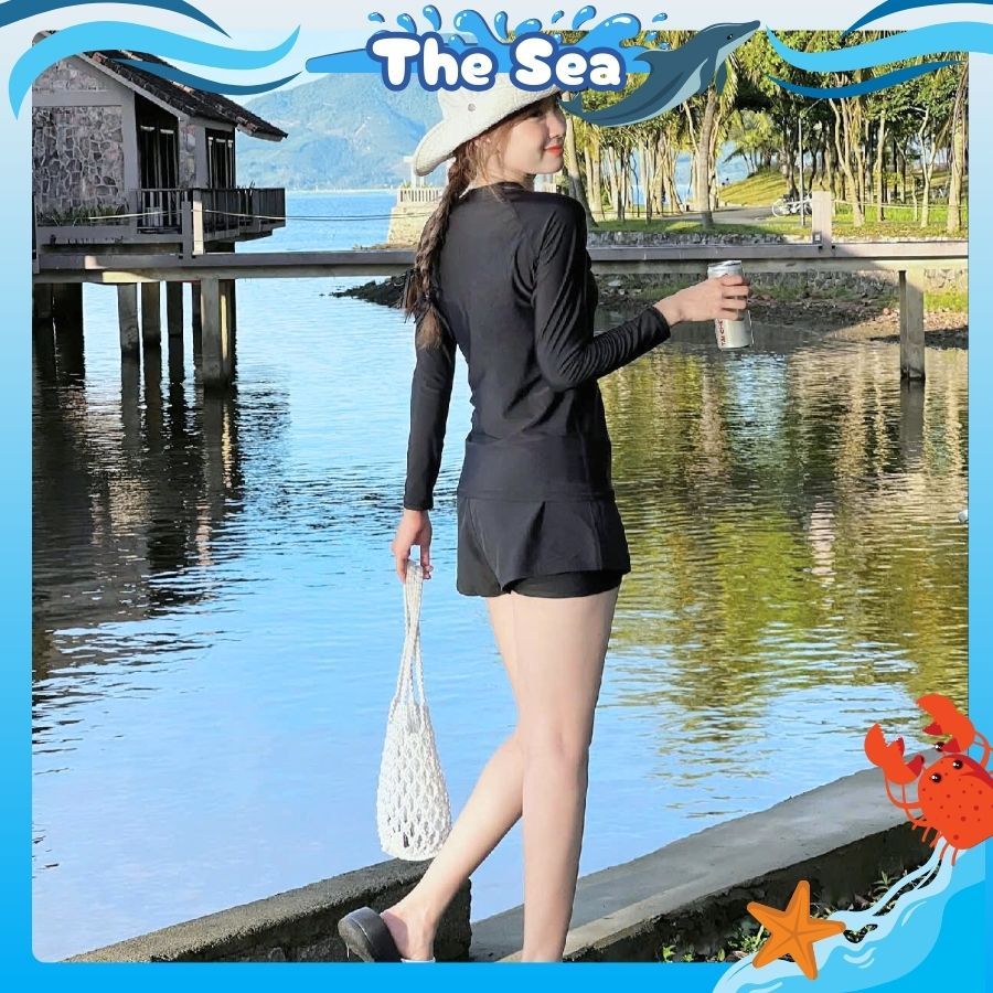 Đồ bơi nữ bikini kín đáo màu đen áo tay dài có khóa kéo quần đùi ngắn 2 lớp phong cách thể thao The Sea 013 | BigBuy360 - bigbuy360.vn
