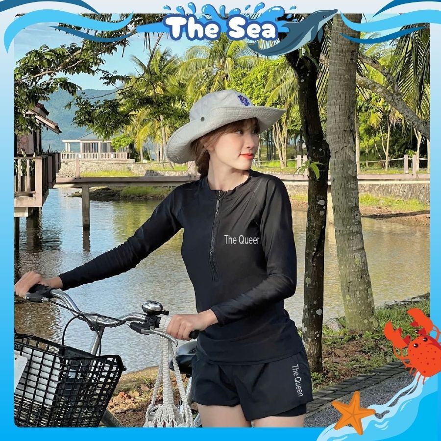 Đồ bơi nữ bikini kín đáo màu đen áo tay dài có khóa kéo quần đùi ngắn 2 lớp phong cách thể thao The Sea 013 | BigBuy360 - bigbuy360.vn