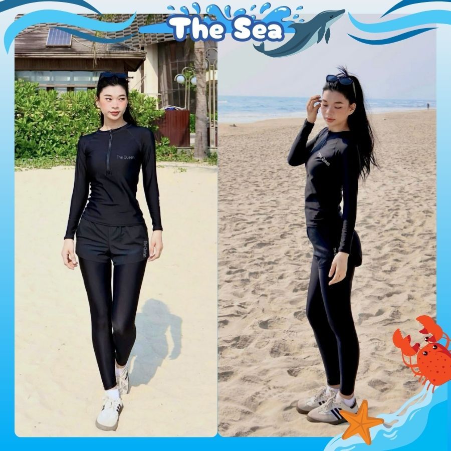 Đồ bơi nữ bikini kín đáo màu đen áo tay dài có khóa kéo quần đùi ngắn 2 lớp phong cách thể thao The Sea 013 | BigBuy360 - bigbuy360.vn