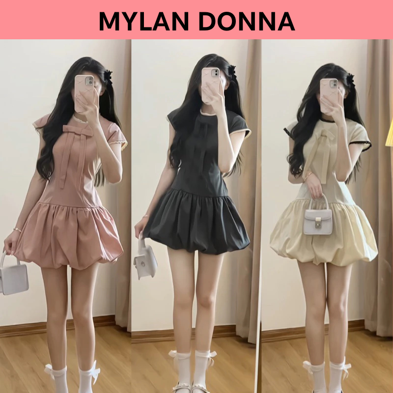 Váy Nữ Dáng Bí Đính Nơ Cổ Tròn Phối Ren Dáng Ngắn Có Dây Buộc Eo Kèm Quần Bảo Hộ Rời