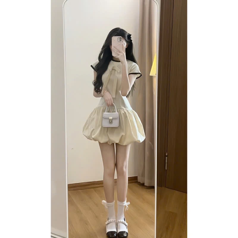 Váy Nữ Dáng Bí Đính Nơ Cổ Tròn Phối Ren Dáng Ngắn Có Dây Buộc Eo Kèm Quần Bảo Hộ Rời | BigBuy360 - bigbuy360.vn