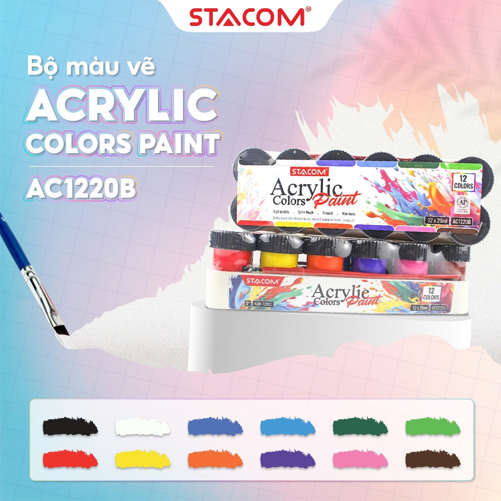   Trợ giá  Bộ màu vẽ 12 lọ Acrylic Chuyên Nghiệp  20ml  STACOM Kèm Cọ Vẽ - AC1220B 