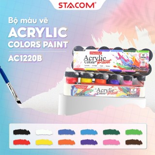   Trợ giá  Bộ màu vẽ 12 lọ Acrylic Chuyên Nghiệp  20ml  STACOM Kèm Cọ Vẽ - AC1220B 
