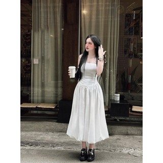[quà cột tóc] Đầm xòe hai dây màu đầm trắng đen vải hai lớp dày dặn freesize L117