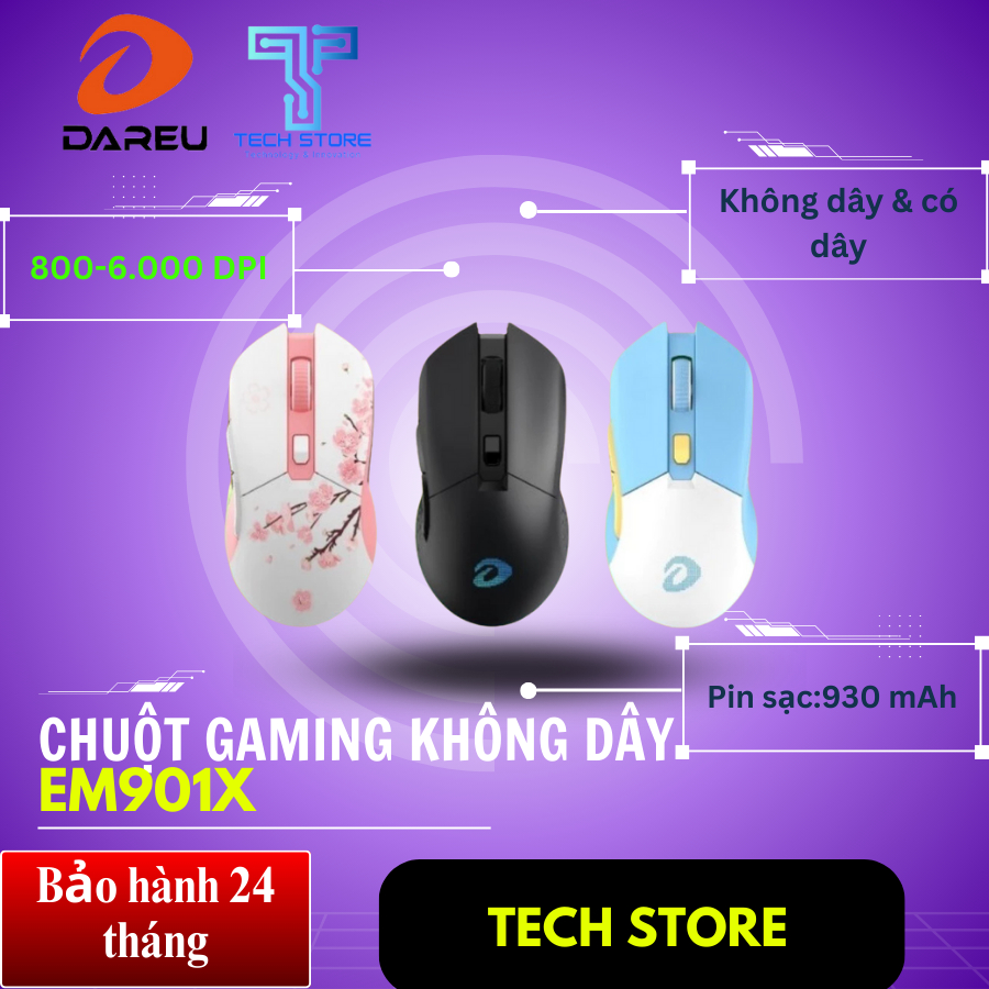 Chuột Game không dây Dareu EM901X RGB LED - Hồng / Trắng / Đen ( Dock sạc ) TECH STORE