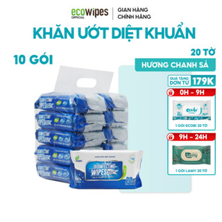 Túi 10 gói khăn ướt diệt khuẩn Disinfecting Wipes gói 20 tờ diệt 99,9% vi khuẩn hương chanh sả