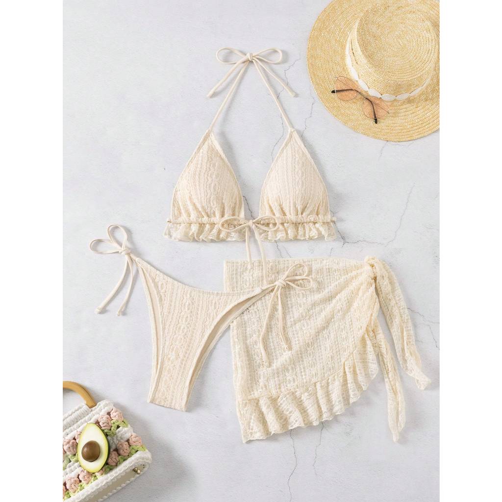 [CÓ SẴN] Set Bikini 3 Mảnh Màu Be Dệt Hoa  (Áo + Quần + Khăn) Có Mút Lót 🌺 Freeship (EBP02) | BigBuy360 - bigbuy360.vn